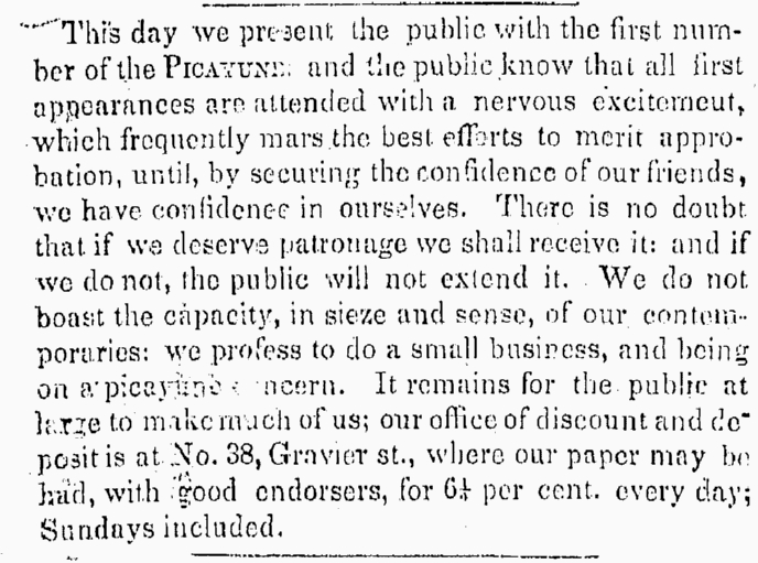 TodayInNewOrleansHistory/1837January25ThePicayuneFirstEdition.jpg